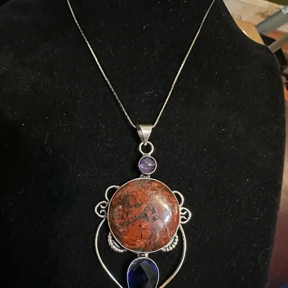 Red Jasper & Amethyst Pendant Necklace on Sterling Silver Chain